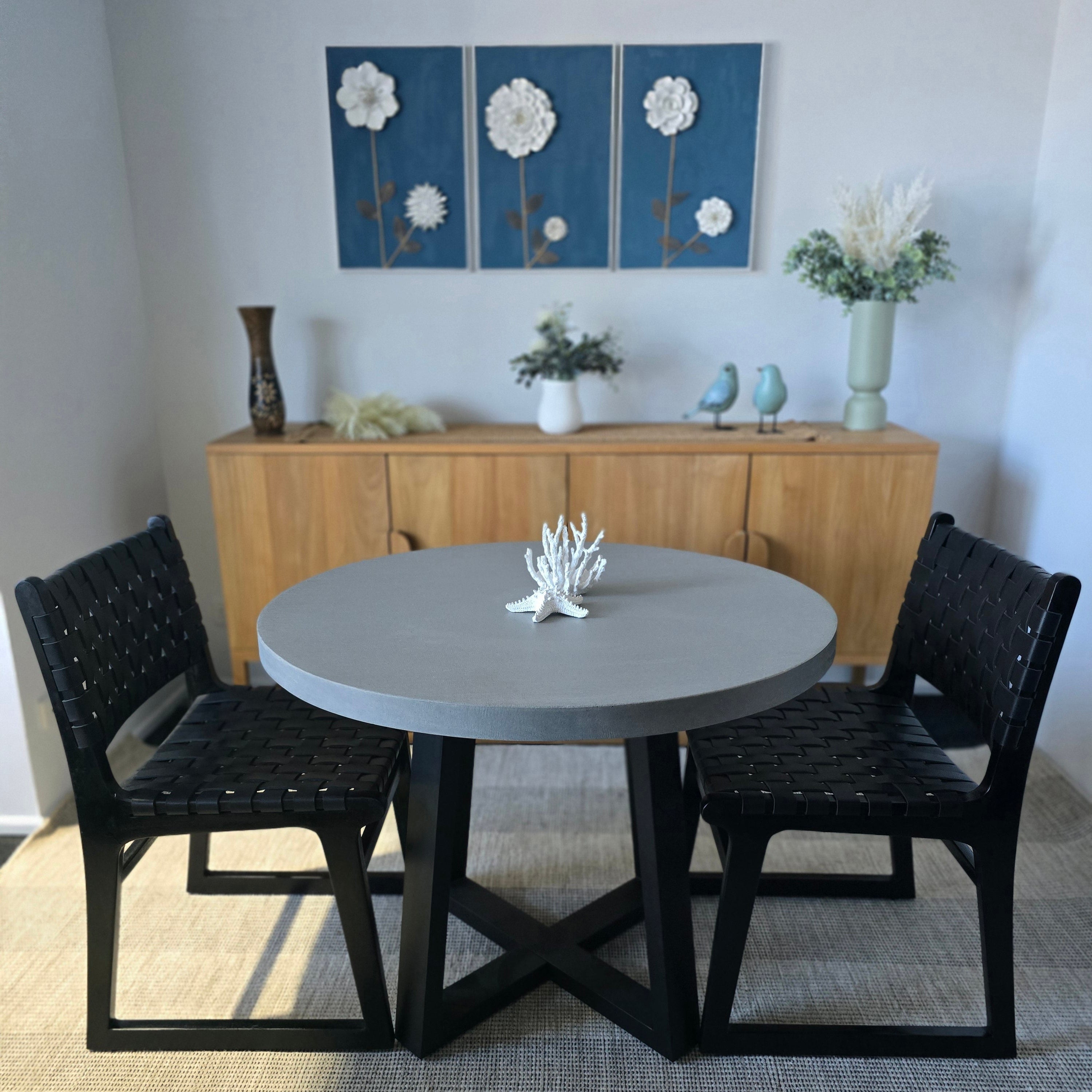 1.0m Alta Pebble Grey Table|Black powder coated legs and 2 Black leather chairs with Black Timber