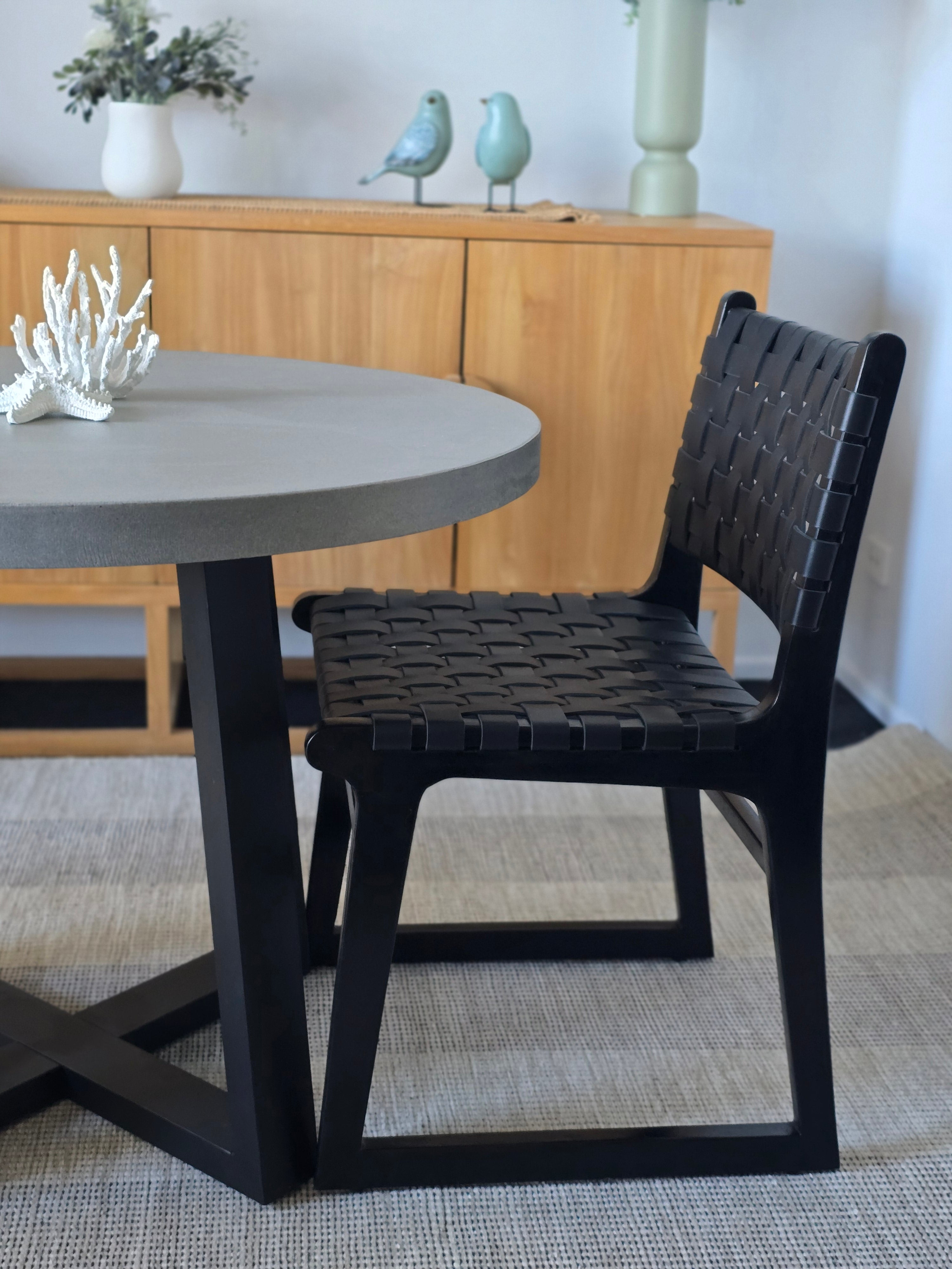 1.0m Alta Pebble Grey Table|Black powder coated legs and 2 Black leather chairs with Black Timber