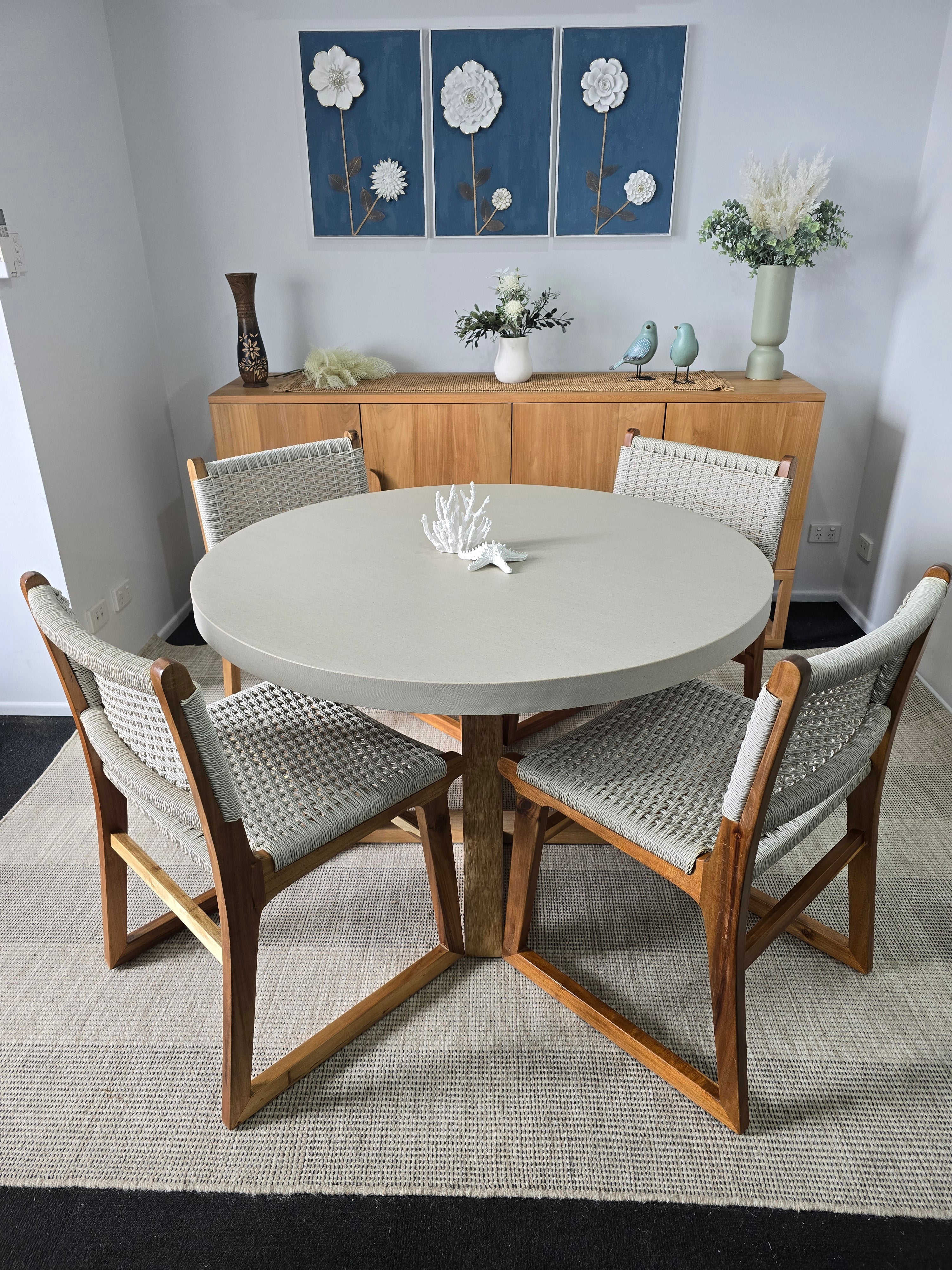 1.2m Alta Beach Dining Table | Light Honey Legs with 4 Almond Sachelle Chairs