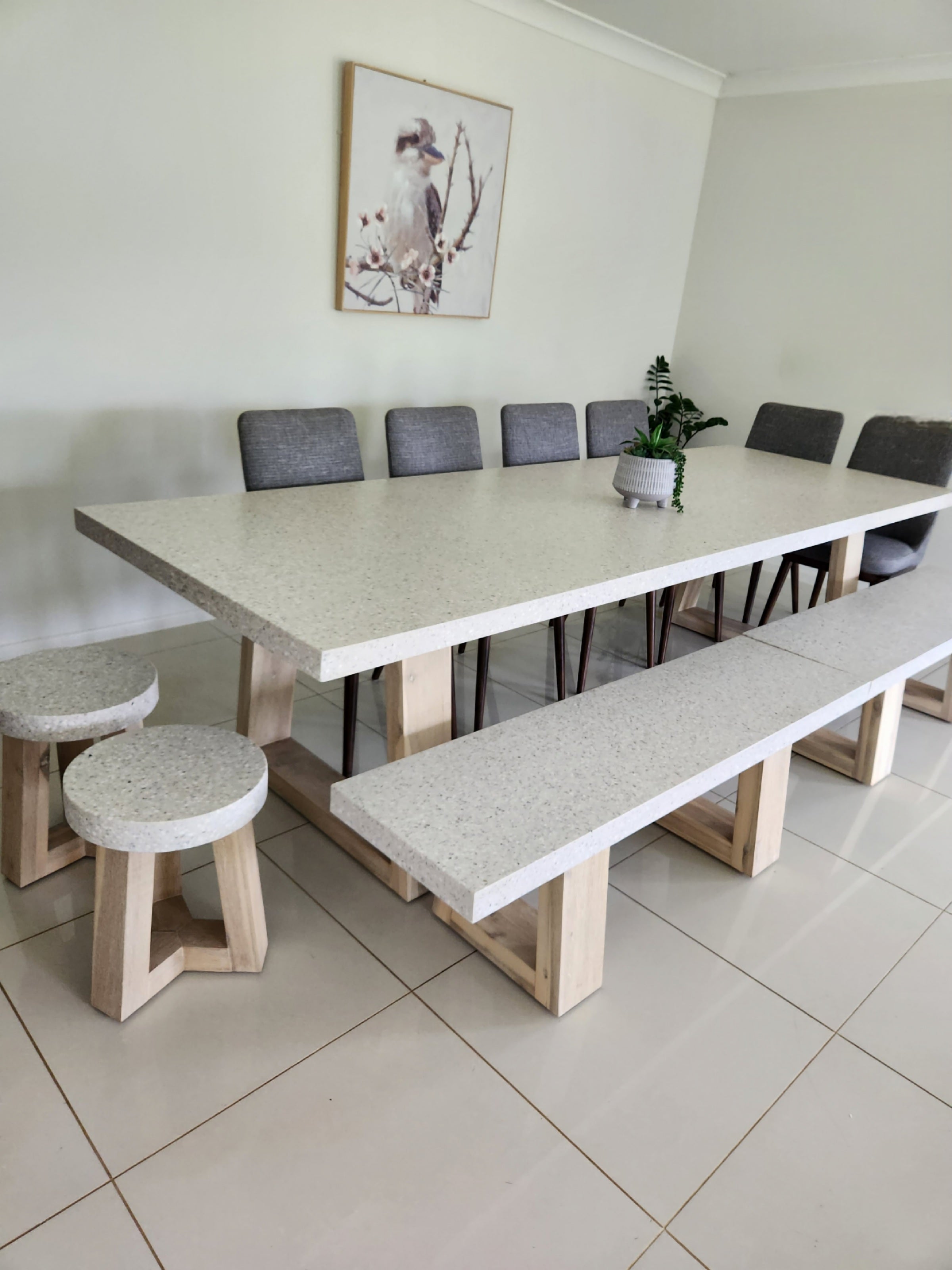 1.45m Sierra Bench Seat | eTerrazzo Ivory Coast with wide Ivory wash Acacia legs - www.elkstone.com.au
