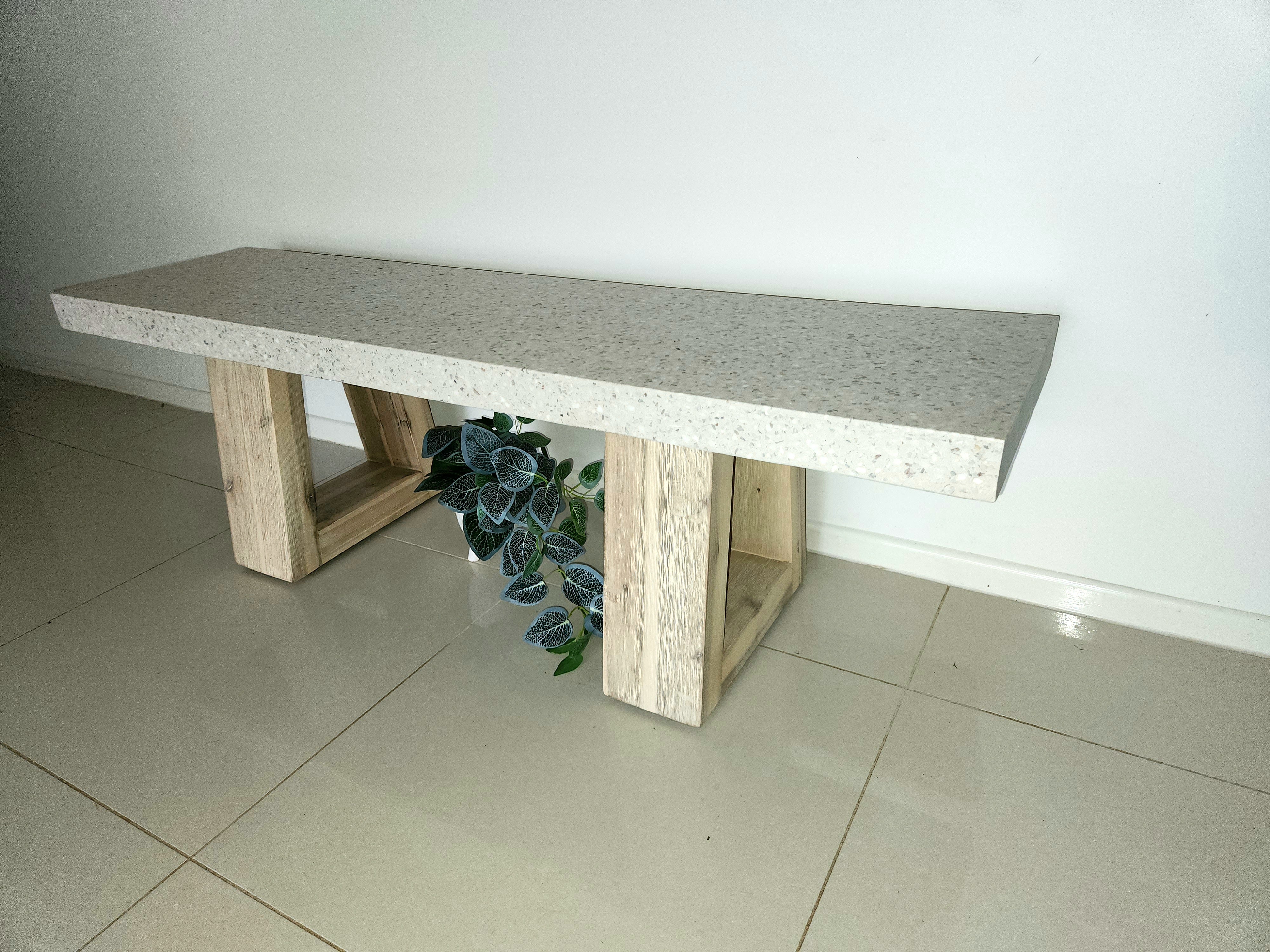 1.45m Sierra Bench Seat | eTerrazzo Ivory Coast with wide Ivory wash Acacia legs - www.elkstone.com.au