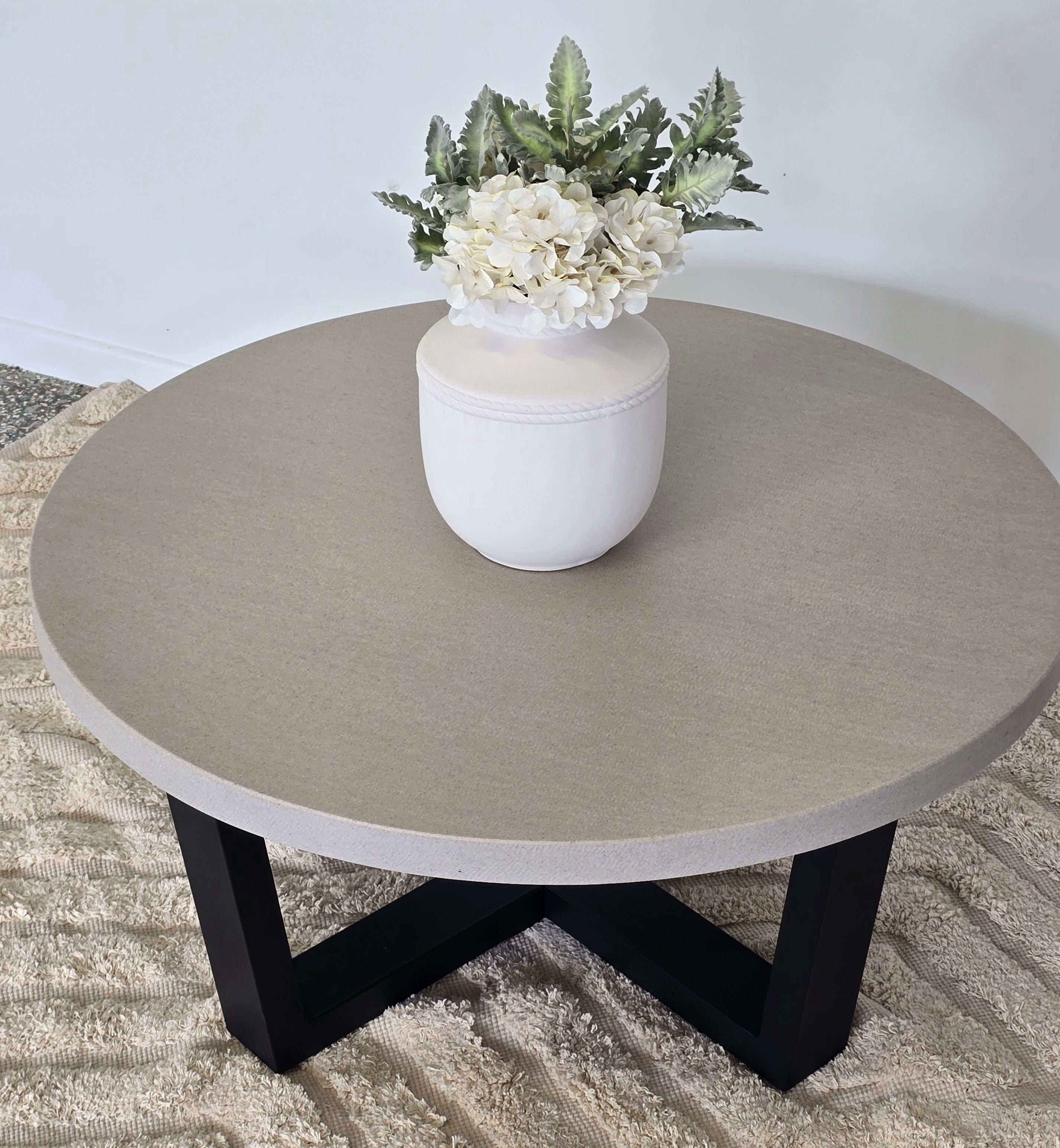 90cm Elkstone Round Coffee Table| Beach with Black Powder Coated legs - www.elkstone.com.au
