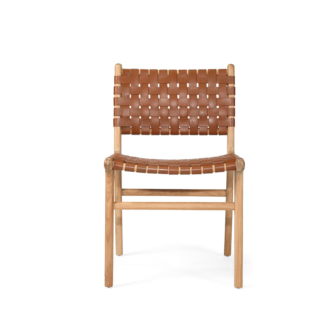 Witta Woven Tan Leather Chair with Teak Frame - www.elkstone.com.au