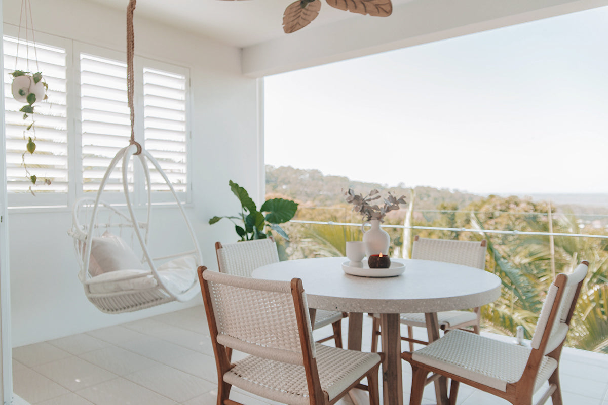 1.2 Ivory Coast eTerrazzo Round Dining table with Ivory wash acacia legs|4 white chairs - www.elkstone.com.au