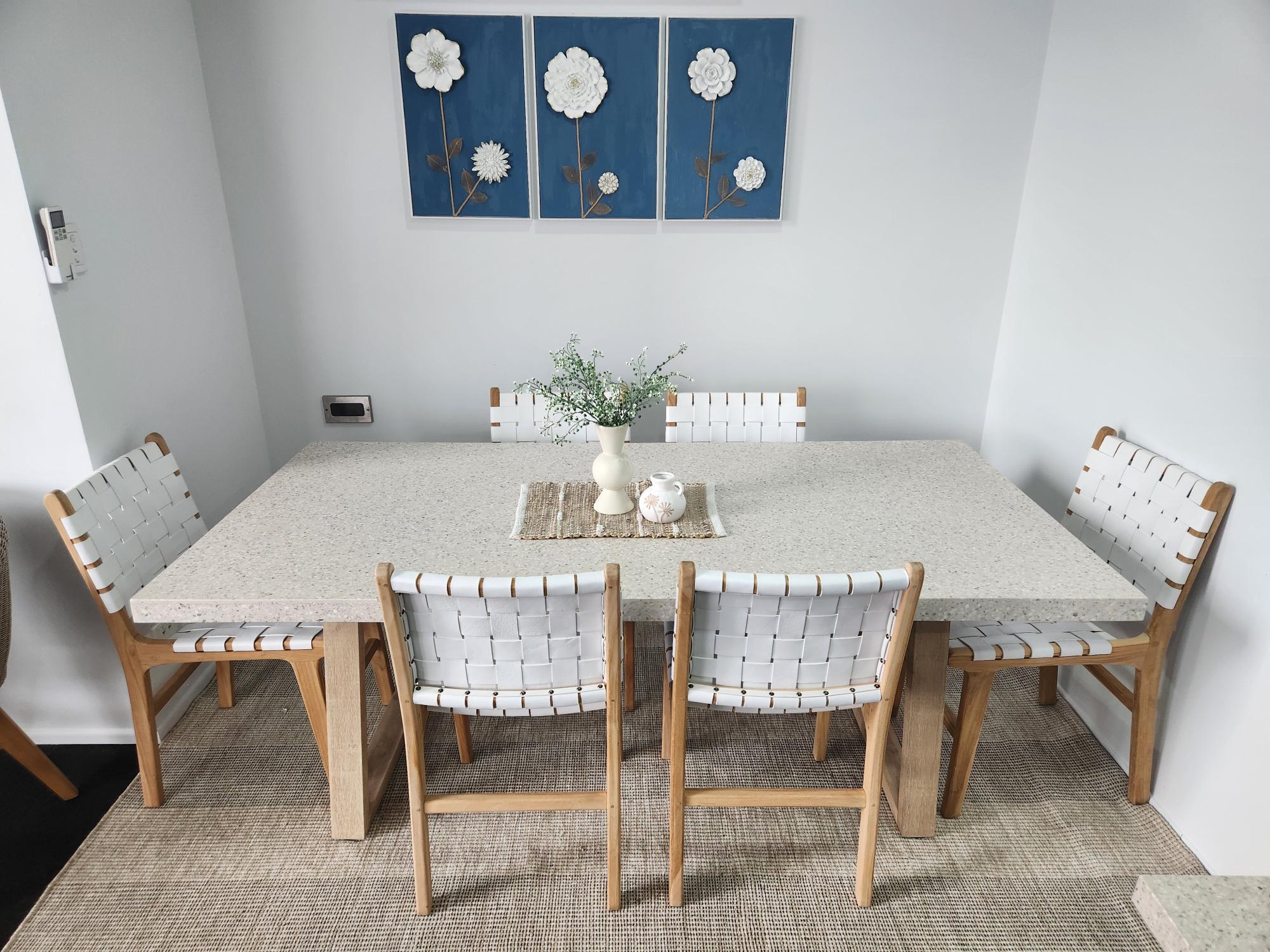 2.0m Dining suite| Ivory coast eTerrazzo Dining Table with 6 White leather chairs - www.elkstone.com.au