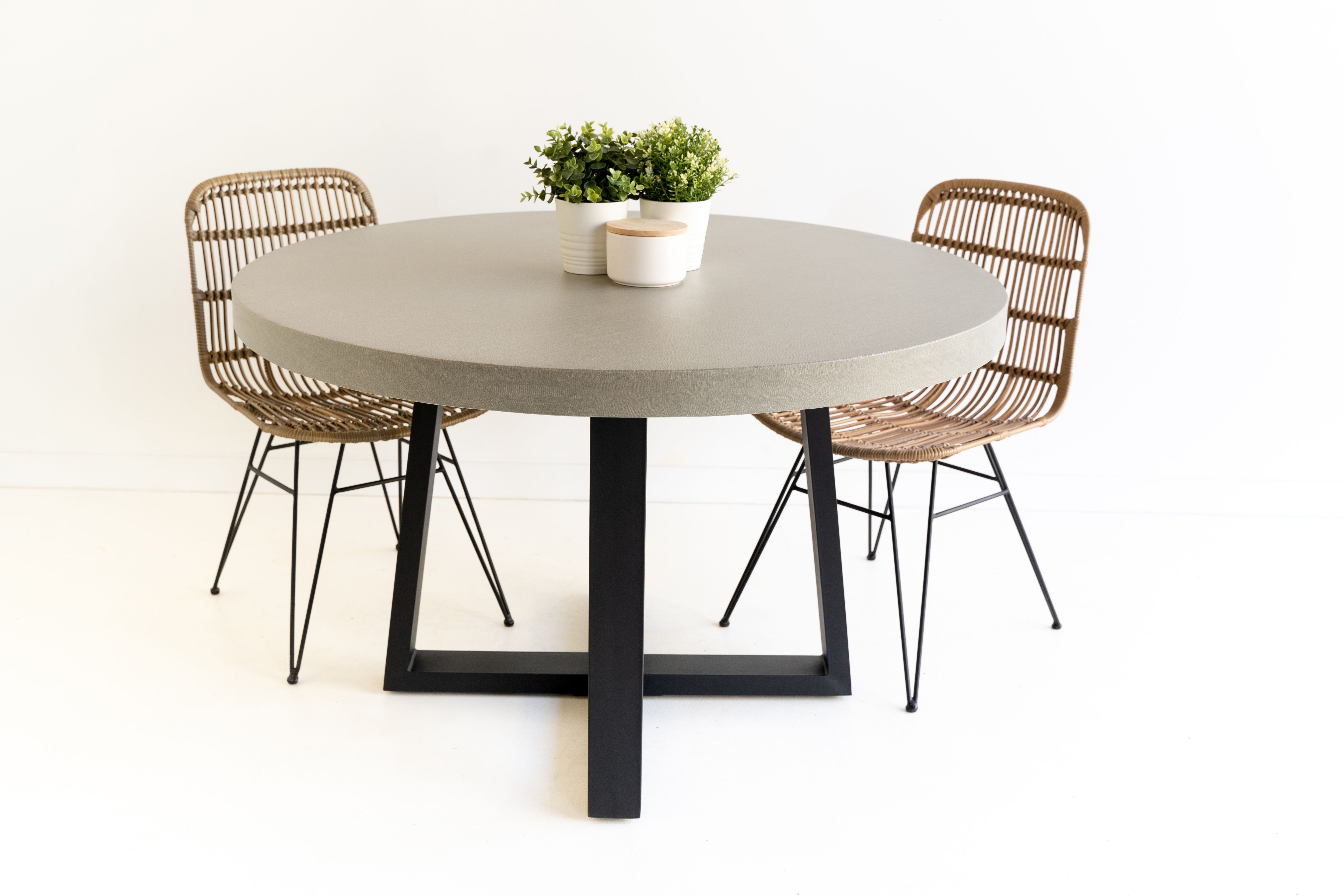1.6m Alta Round Dining Table | Beach with Black Metal Legs - www.elkstone.com.au