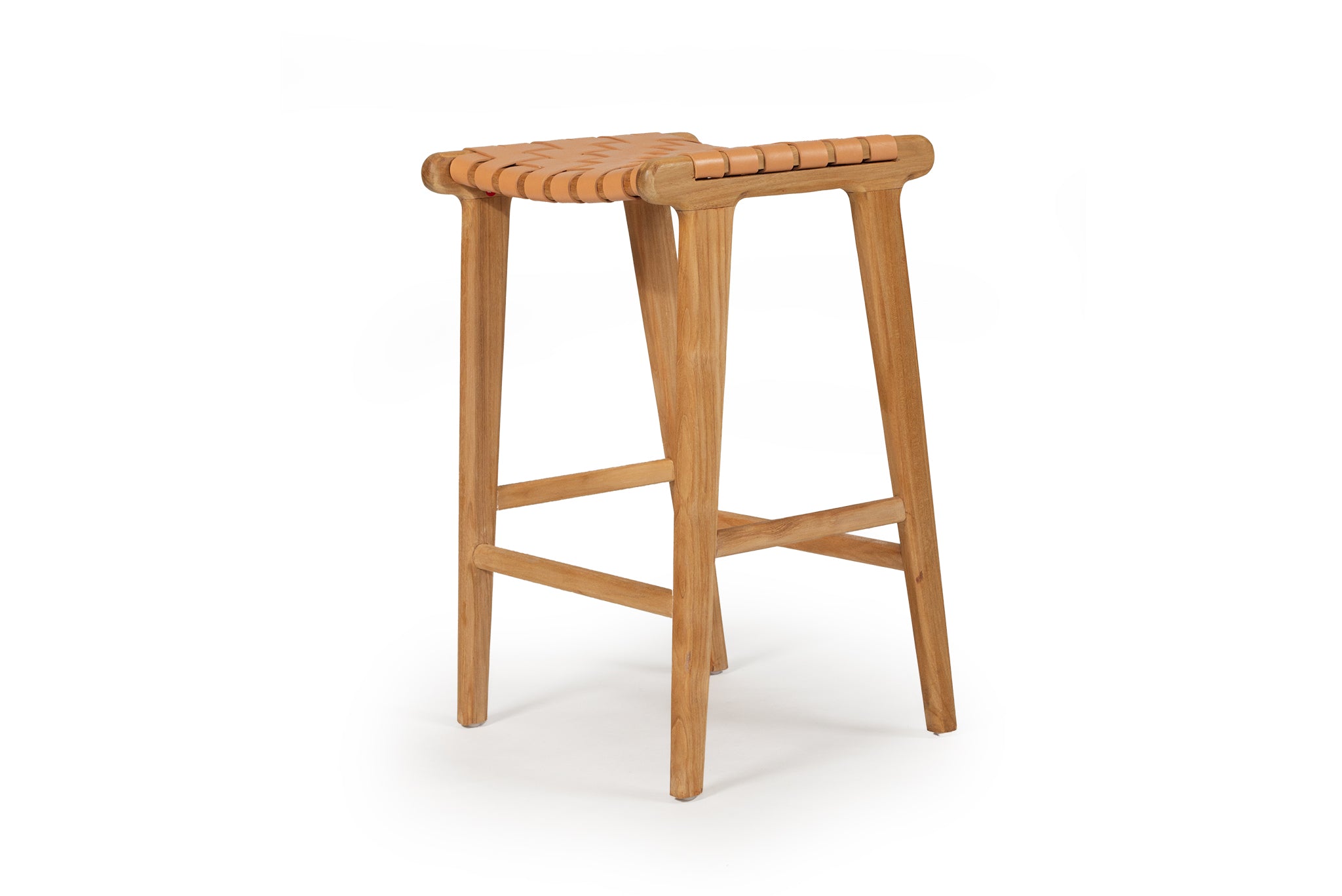 Witta Leather Saddle Stool - Woven Natural Leather on Teak Frame - www.elkstone.com.au