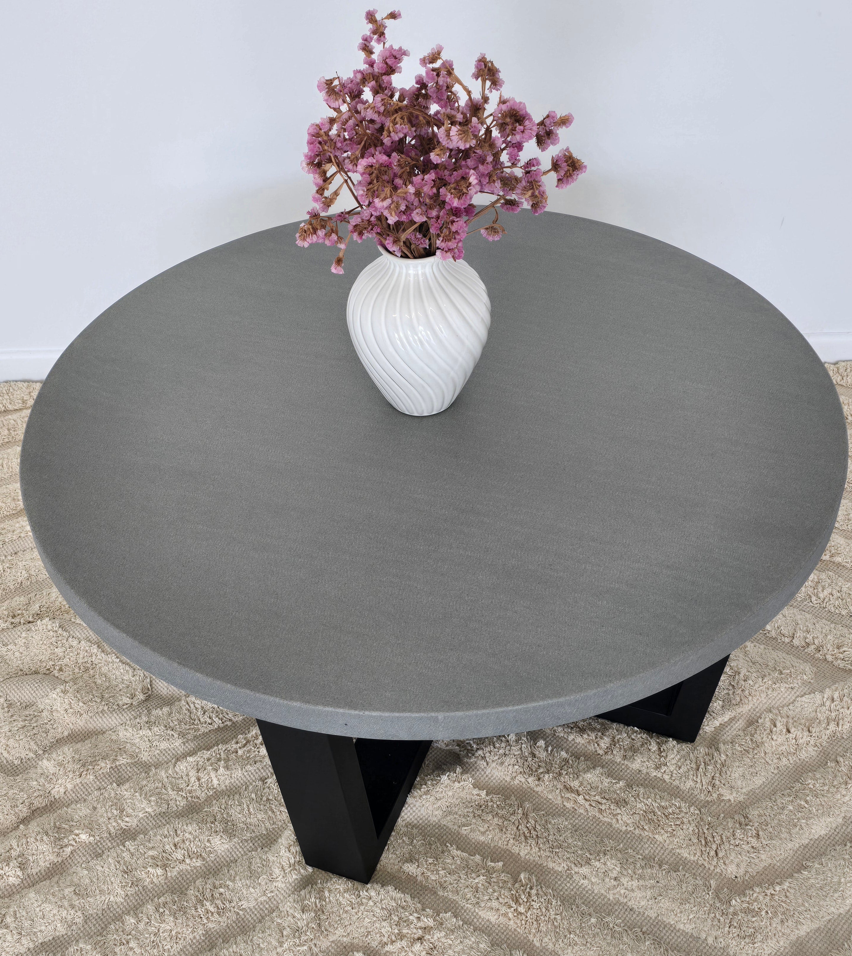 90cm Elkstone Round Coffee Table| Pebble Grey with Black powder Coated Legs - www.elkstone.com.au