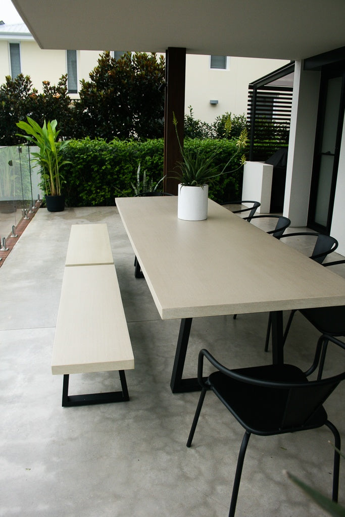 3.0m Alta Rectangular Dining Table - Beige with Black Powder Coated Iron Legs - www.elkstone.com.au