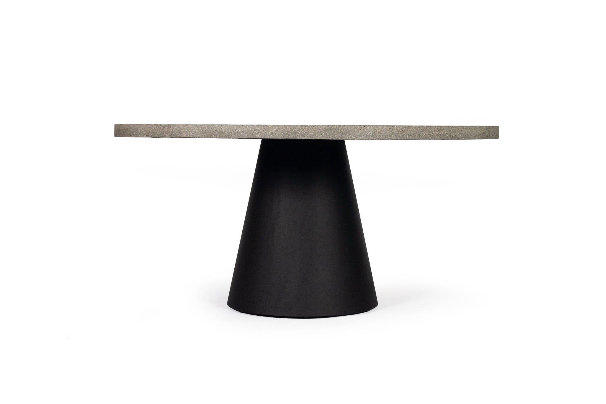 1.6m Avalon Round Dining Table - Speckled Grey with Black Powder Coated Iron Cone Base - www.elkstone.com.au