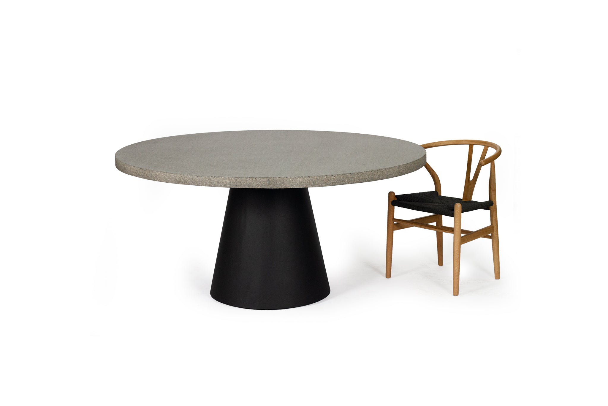 1.6m Avalon Round Dining Table - Speckled Grey with Black Powder Coated Iron Cone Base - www.elkstone.com.au
