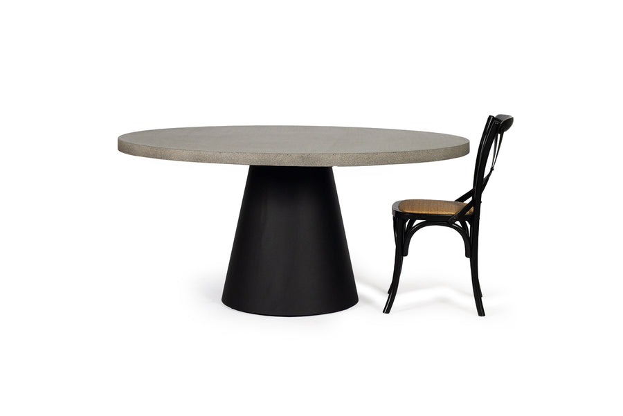 1.6m Avalon Round Dining Table - Speckled Grey with Black Powder Coated Iron Cone Base - www.elkstone.com.au