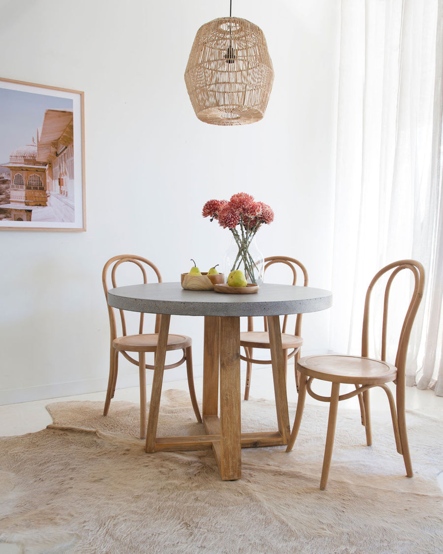 1.0m Alta Round Dining Table - Speckled Grey with Light Honey Timber Legs - www.elkstone.com.au