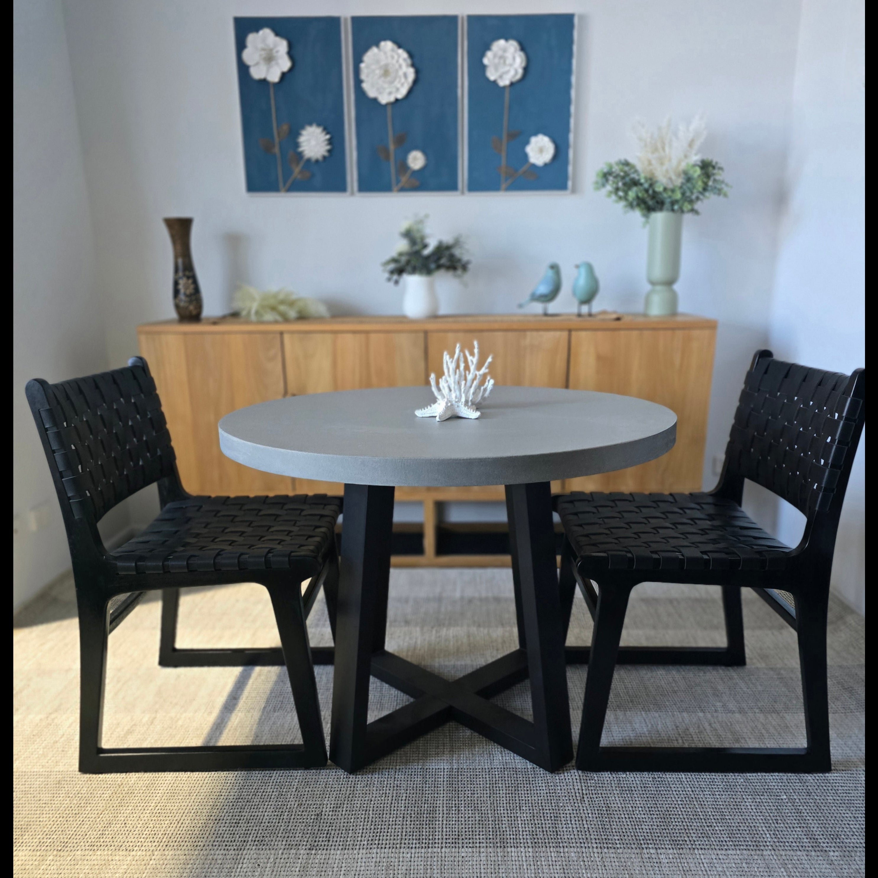 1.0m Alta Pebble Grey Table|Black powder coated legs and 2 Black leather chairs with Black Timber