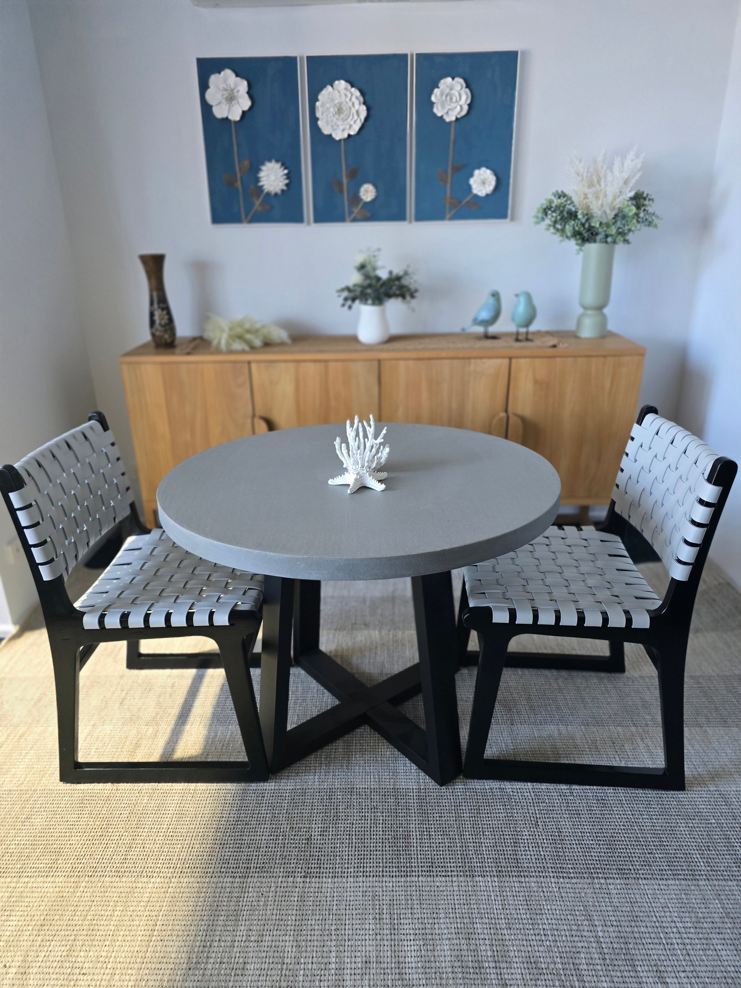 1.0 Alta Round Pebble grey Dining table|Black powder coated legs with 2 grey woven leather chairs