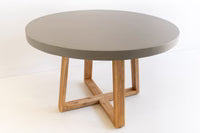 1.2m Pebble Grey Alta Round Dining Table with Light Honey Acacia Timber legs|4 leather chairs - www.elkstone.com.au