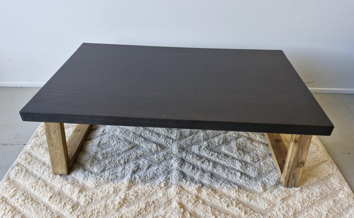 1.3m Sierra Ebony Black Coffee table| Light Honey Timber legs