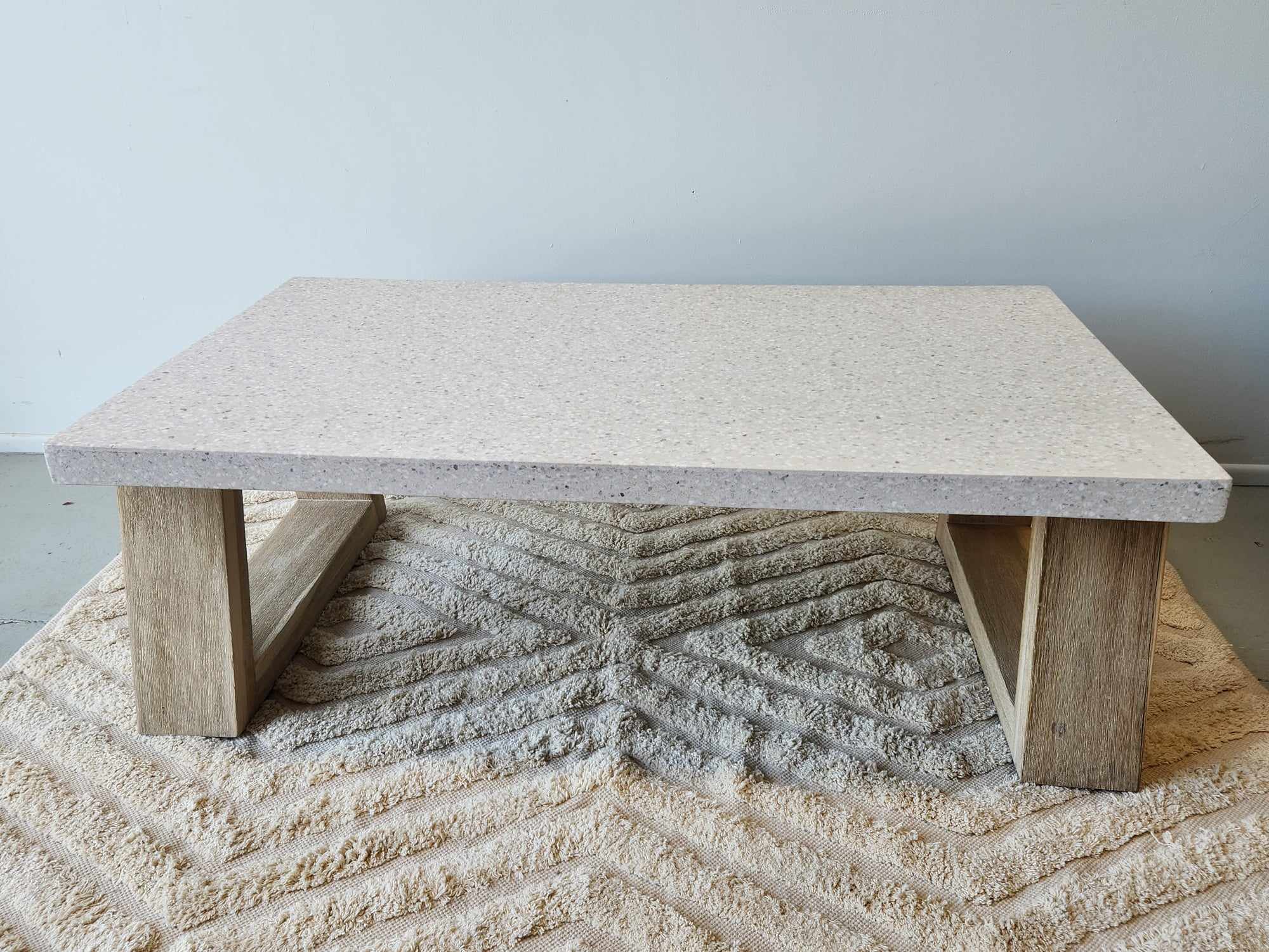 1.3m COFFEE TABLE Rectangular eTerrazzo| Ivory Coast with Ivory wash Acacia legs - www.elkstone.com.au