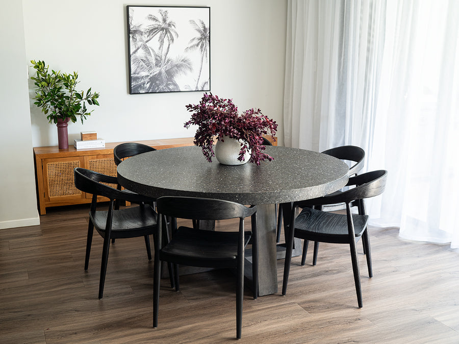 1.6m eTerrazzo Round Dining Table | Apollo Black with Wide Ebony Acacia Wood Legs - www.elkstone.com.au