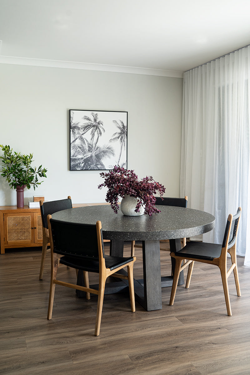 1.2m eTerrazzo Round Dining Table | Apollo Black with Wide Black Wash Acacia Wood Legs - www.elkstone.com.au