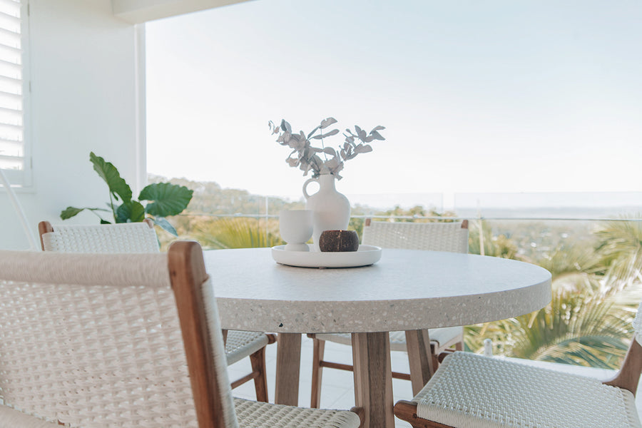 1.2m eTerrazzo Round Dining Table | Ivory Coast with Ivory Washed Acacia Wood Legs - www.elkstone.com.au