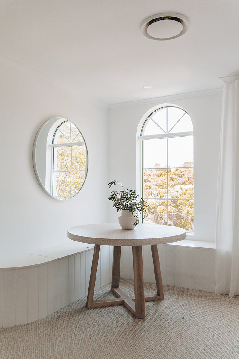 1.2m eTerrazzo Round Dining Table | Ivory Coast with Ivory Washed Acacia Wood Legs - www.elkstone.com.au