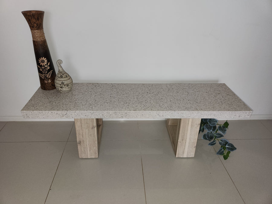 1.45m Sierra Bench Seat | eTerrazzo Ivory Coast with wide Ivory wash Acacia legs - www.elkstone.com.au