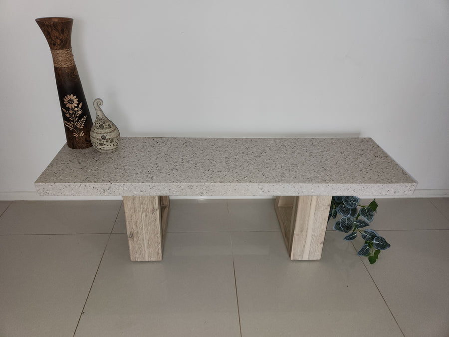 2.25m Sierra Bench Seat | eTerrazzo Ivory Coast with wide Ivory wash Acacia legs - www.elkstone.com.au