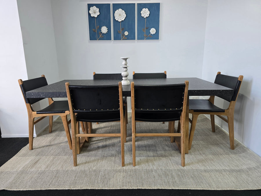 2.0 eTerrazzo Rectangular Rich Umber Dining Table with 6 Black Leather / Teak chairs - www.elkstone.com.au