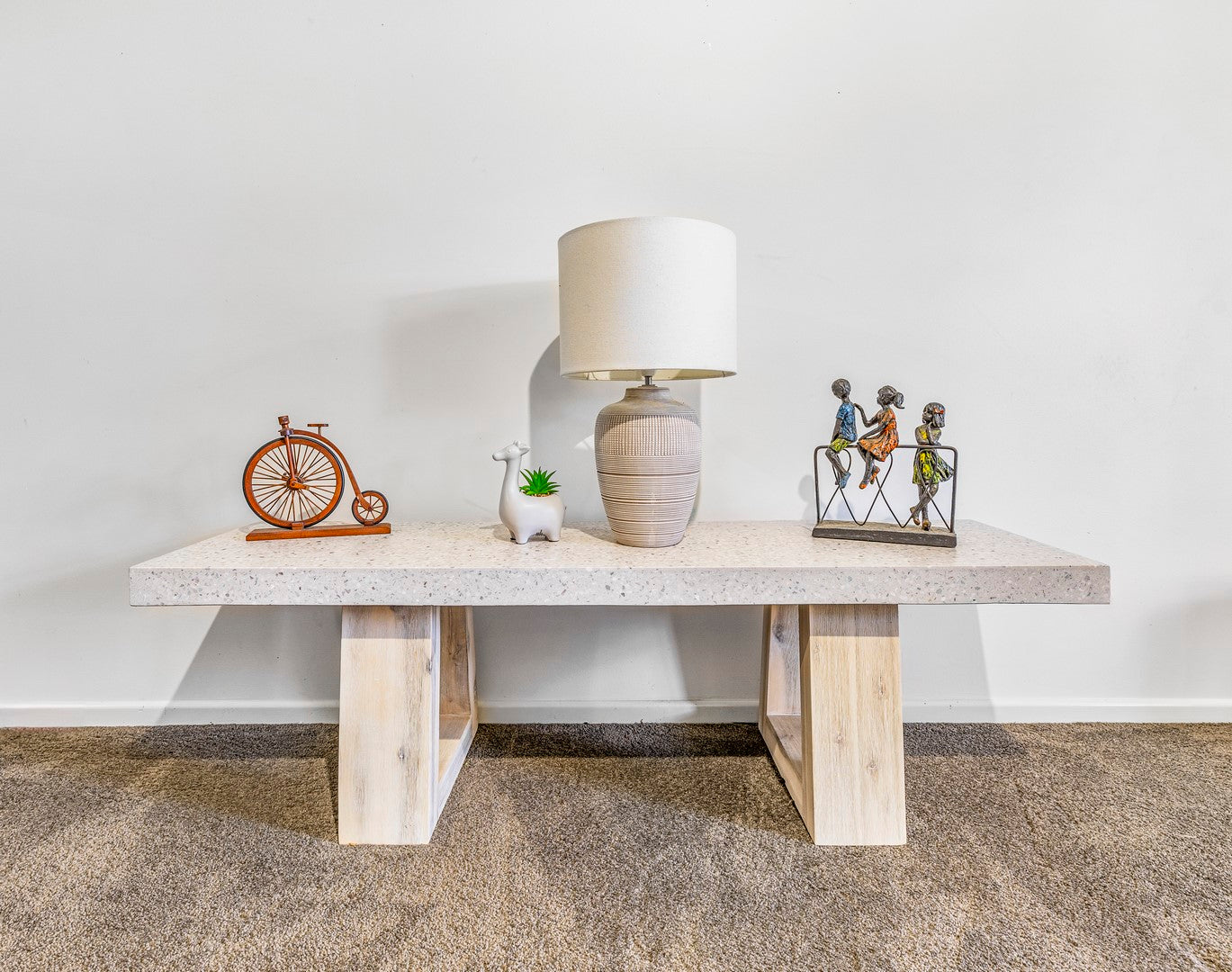 1.45cm eTerrazzo Coffee Table rectangular| Ivory Coast with wide Ivory wash Acacia legs - www.elkstone.com.au