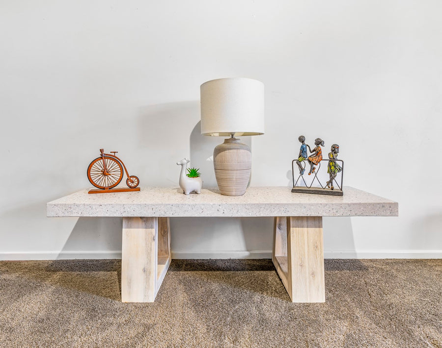 1.45cm eTerrazzo Coffee Table rectangular| Ivory Coast with wide Ivory wash Acacia legs - www.elkstone.com.au