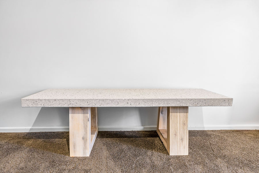1.65m Sierra Bench Seat | eTerrazzo Ivory Coast with wide Ivory wash Acacia legs - www.elkstone.com.au