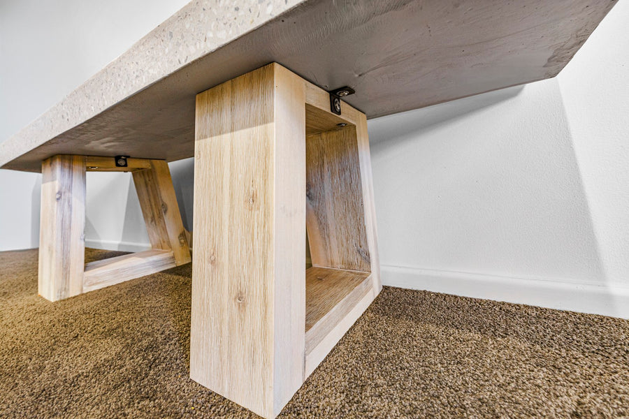 1.45cm eTerrazzo Coffee Table rectangular| Ivory Coast with wide Ivory wash Acacia legs - www.elkstone.com.au