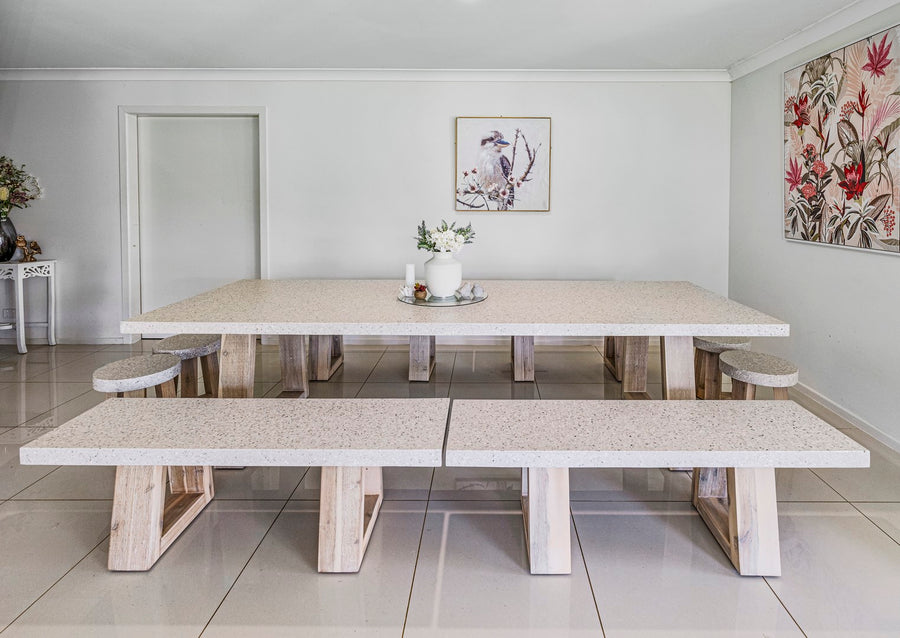 3.0m eTerrazzo Rectangular Dining Table | Ivory Coast with Wide Ivory Wash Legs - www.elkstone.com.au