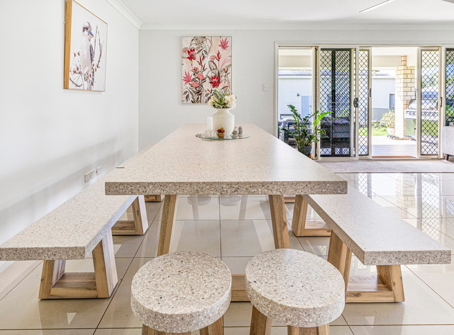 3.0m eTerrazzo Rectangular Dining Table | Ivory Coast with Wide Ivory Wash Legs - www.elkstone.com.au