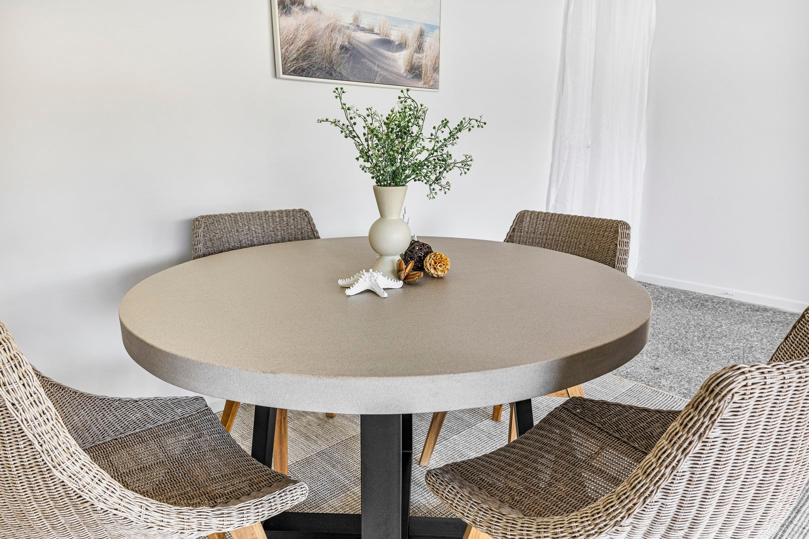 1.2m Alta Round Dining Table | Beach with Matte Black Powder Coated Legs - www.elkstone.com.au