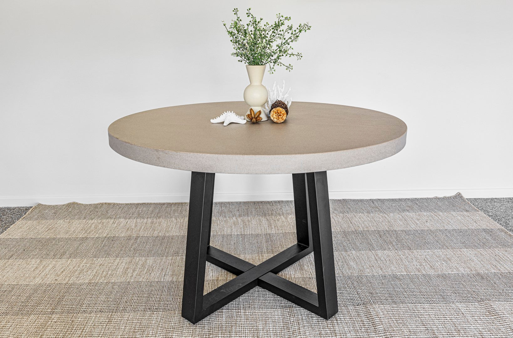 1.2m Alta Round Dining Table | Beach with Matte Black Powder Coated Legs - www.elkstone.com.au