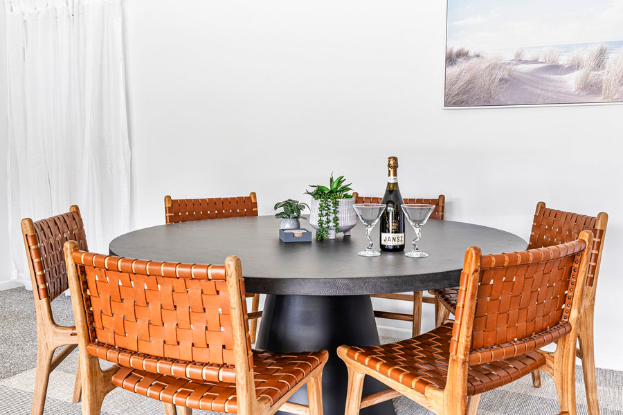 1.6m Avalon Round Dining Table | Ebony Black with Black Powder Coated Cone Base - www.elkstone.com.au