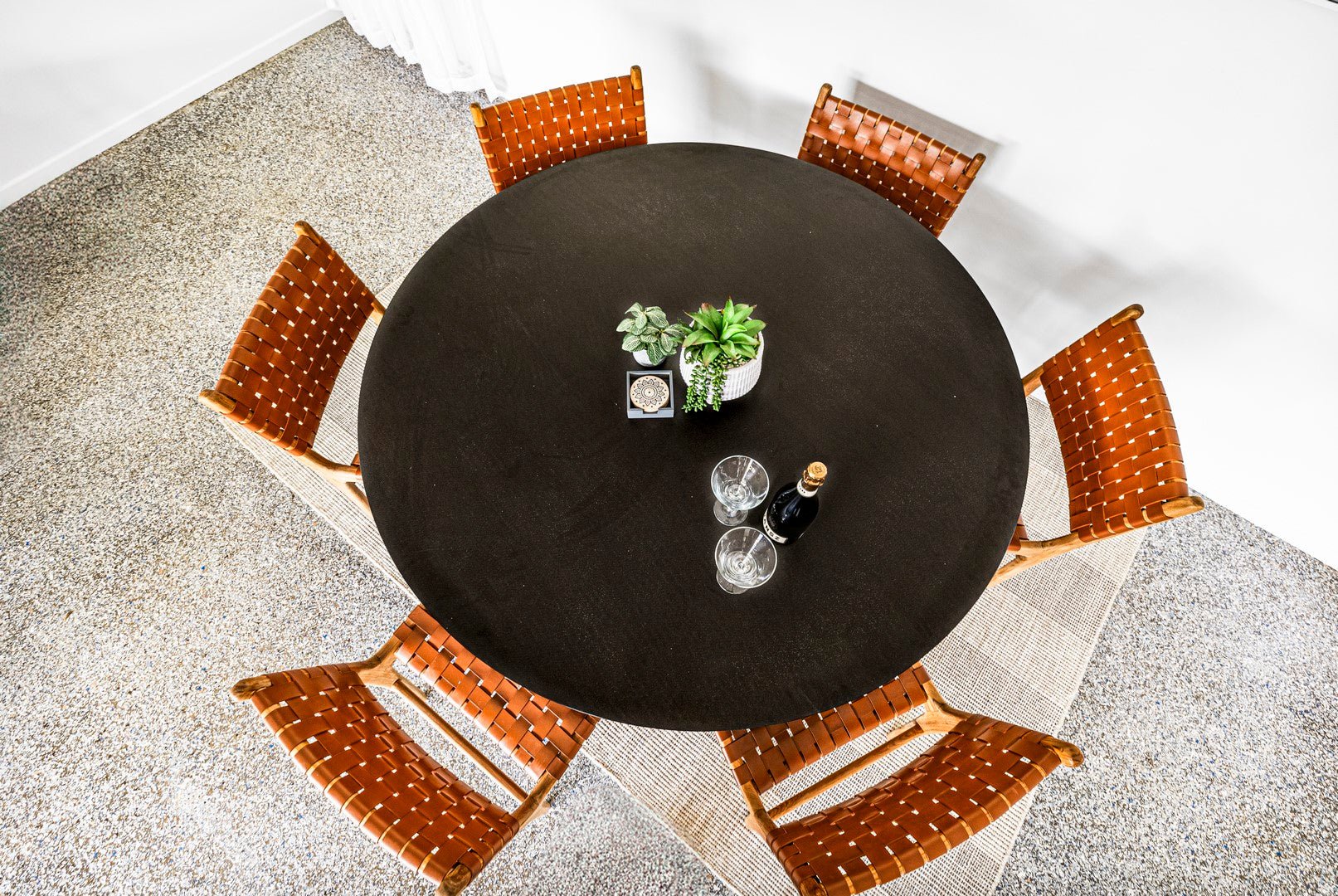 1.6m Avalon Round Dining Table | Ebony Black with Black Powder Coated Cone Base - www.elkstone.com.au