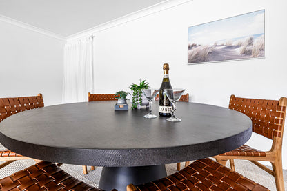 1.6m Avalon Round Dining Table | Ebony Black with Black Powder Coated Cone Base - www.elkstone.com.au