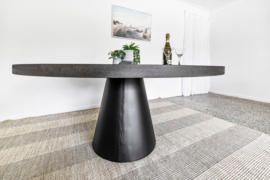 1.6m Avalon Round Dining Table | Ebony Black with Black Powder Coated Cone Base - www.elkstone.com.au