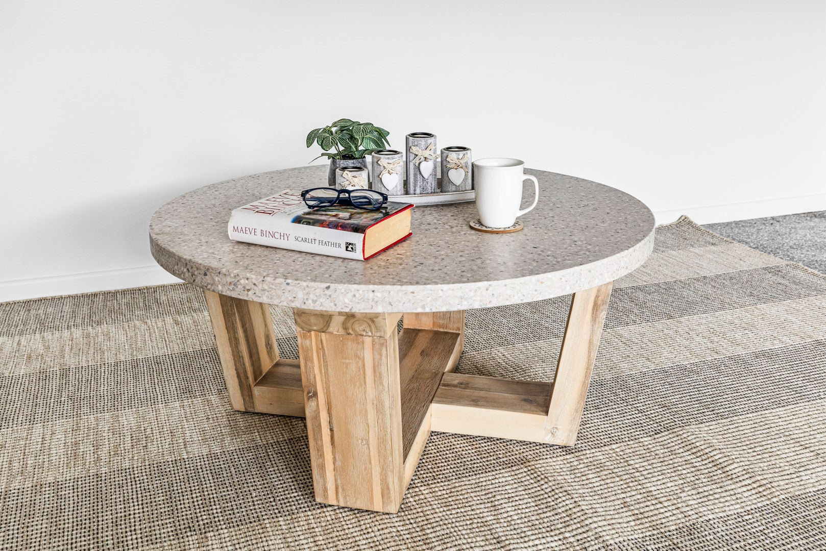 .90m COFFEE TABLE Round eTerrazzo Ivory Coast with Fat Ivory wash acacia legs - www.elkstone.com.au