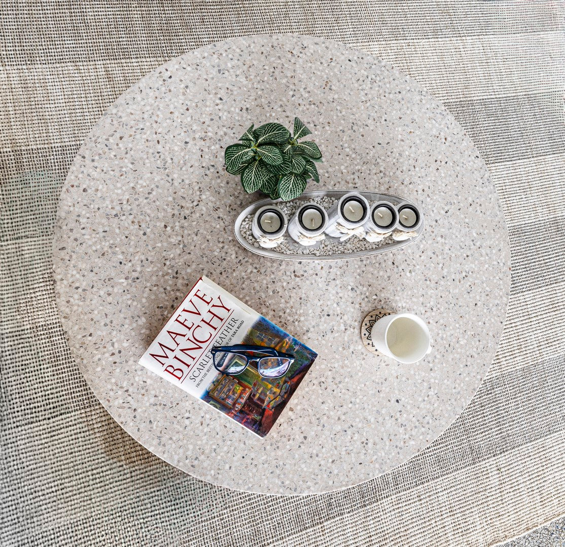 .90m COFFEE TABLE Round eTerrazzo Ivory Coast with Fat Ivory wash acacia legs - www.elkstone.com.au