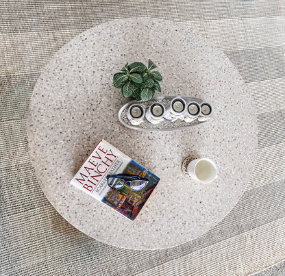 .90m COFFEE TABLE Round eTerrazzo Ivory Coast with Fat Ivory wash acacia legs - www.elkstone.com.au