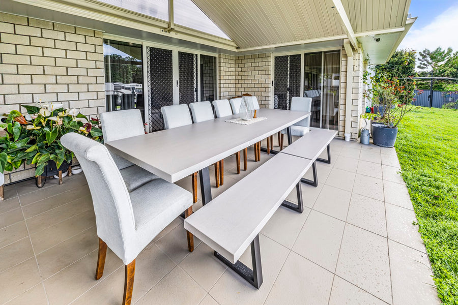 3.0m Sierra Rectangular Dining Table | Beach with Matte Black Powder Coated Legs| 2 Benches