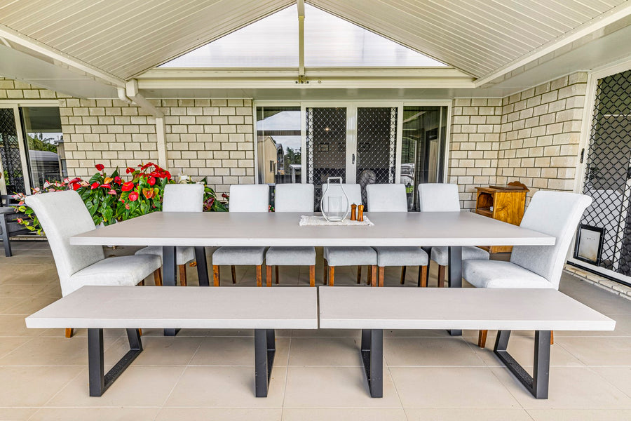 3.0m Sierra Rectangular Dining Table | Beach with Matte Black Powder Coated Legs| 2 Benches