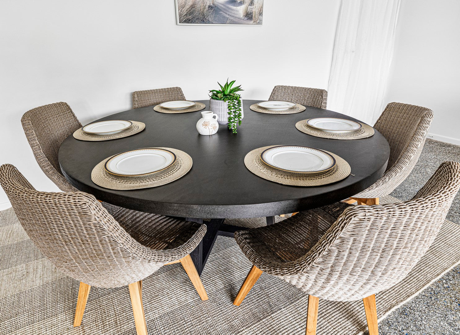 1.6m Alta Round Dining Table | Ebony Black with Matte Black Powder Coated Legs - www.elkstone.com.au