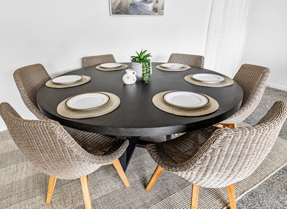 1.6m Alta Round Dining Table | Ebony Black with Matte Black Powder Coated Legs - www.elkstone.com.au