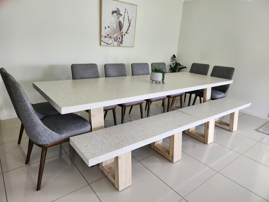 3.0m eTerrazzo Rectangular Dining Table | Ivory Coast with Wide Ivory Wash Legs - www.elkstone.com.au