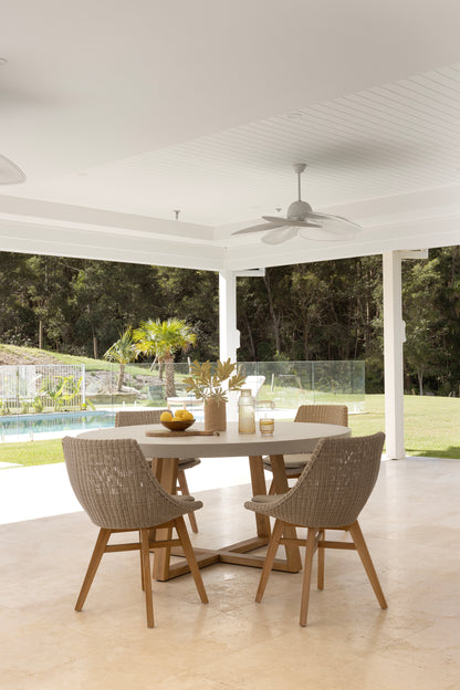 1.6m Alta Round Dining Table | Beige with Light Honey Acacia Wood Legs - www.elkstone.com.au